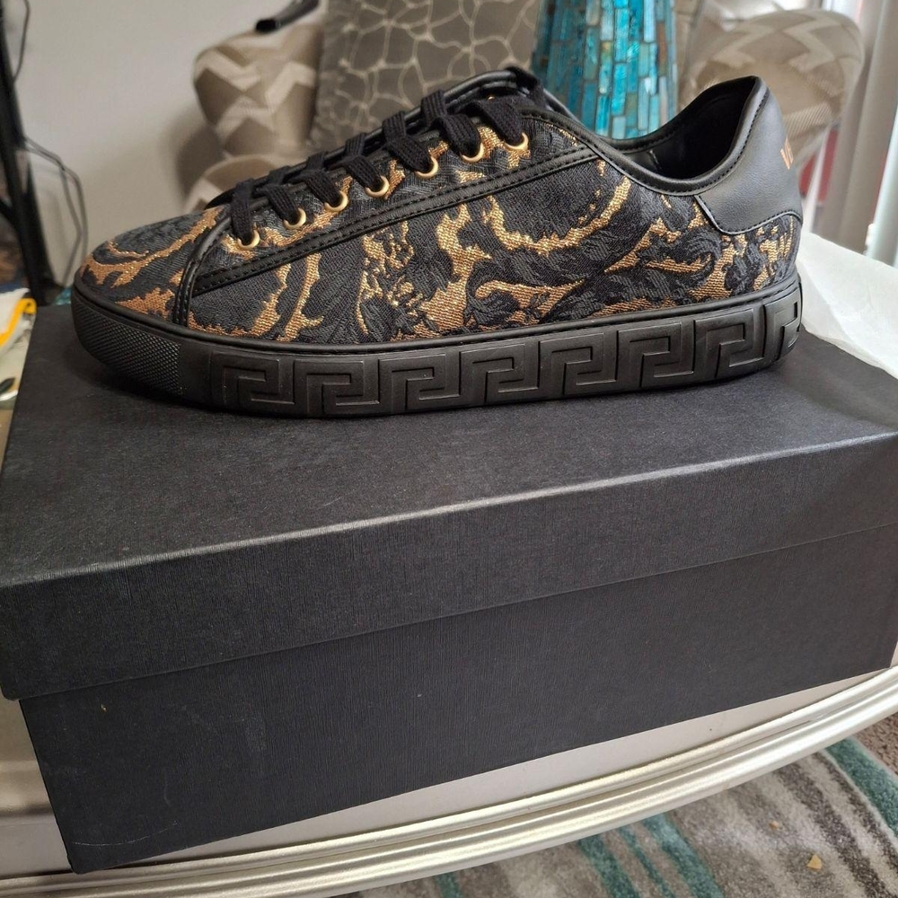 Versace Men's Black and Gold Patterned Sneakers